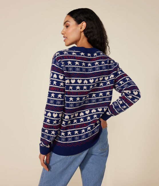Maglione in misto lana e cotone jacquard donna blu MEDIEVAL/bianco MULTICO