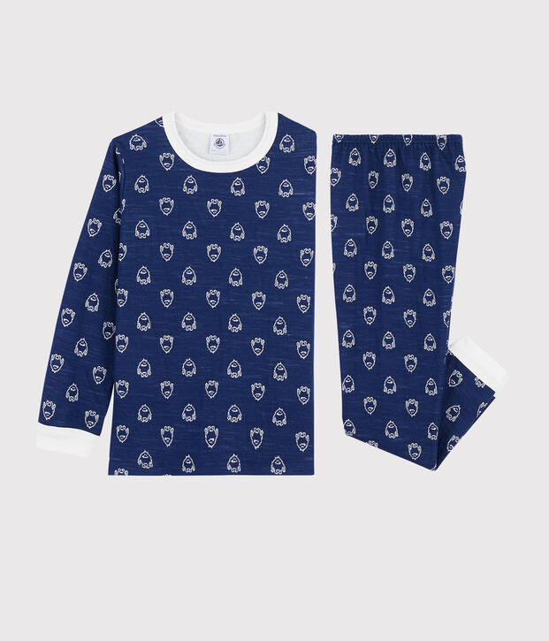 Pigiama jacquard yeti in lana e cotone bambino blu/bianco