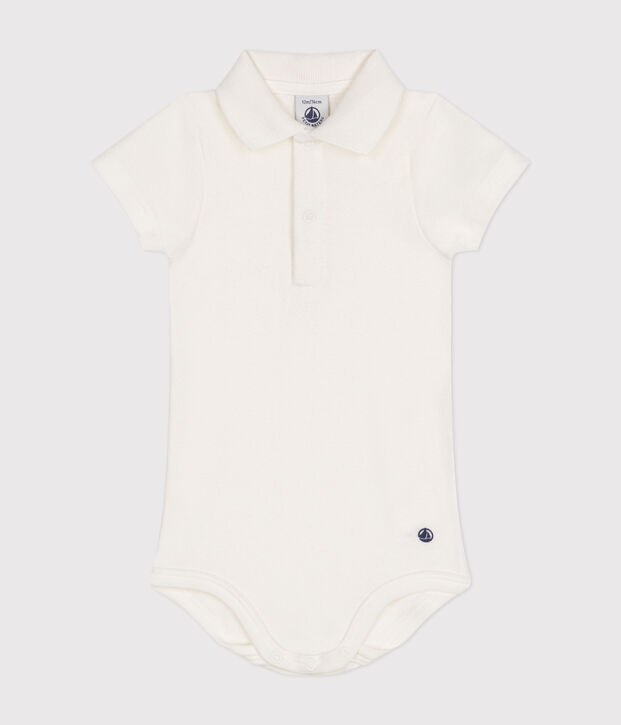 Body con colletto polo in cotone a manica corta beb&egrave; bianco