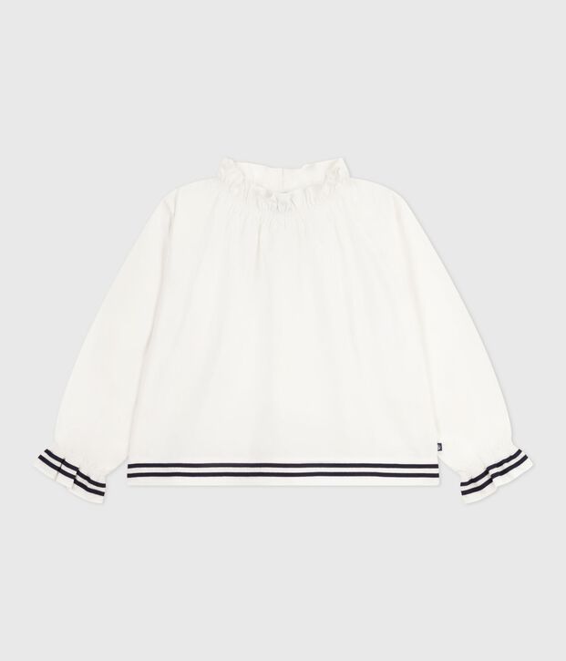 Blusa a maniche lunghe in popeline di cotone tinta unita bambina bianco