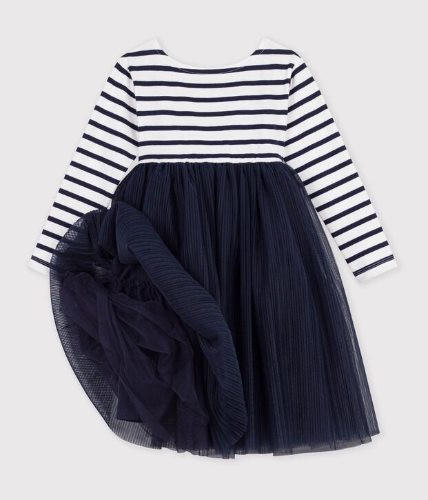 Abito a maniche lunghe in cotone e tulle a righe bambina bianco/blu