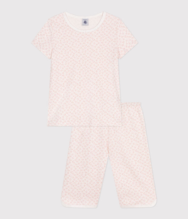 Pigiama capri in cotone con stampa a fiori bambina bianco/rosa