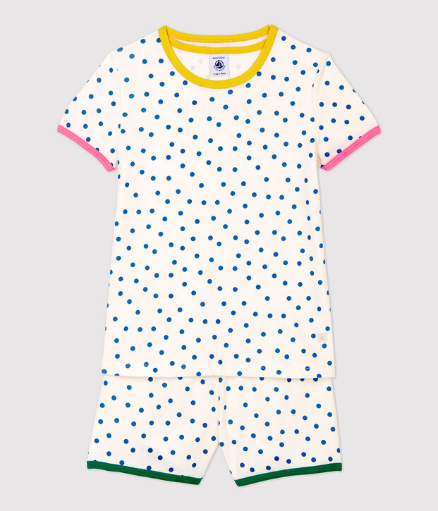 Pigiama corto bambina a pois blu bambina in cotone bianco/blu