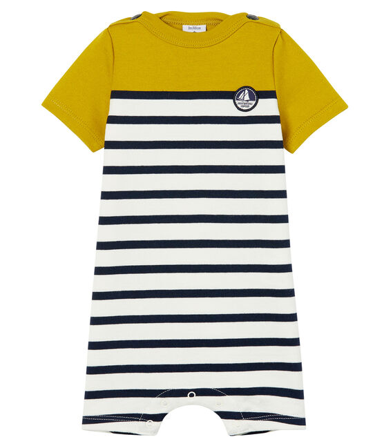 Tutina corta neonato in jersey pesante a righe giallo BAMBOO/bianco MARSHMALLOW/ SMOKING