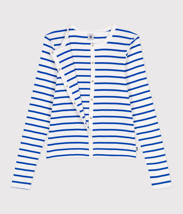 Cardigan in cotone tinta unita donna bianco/blu