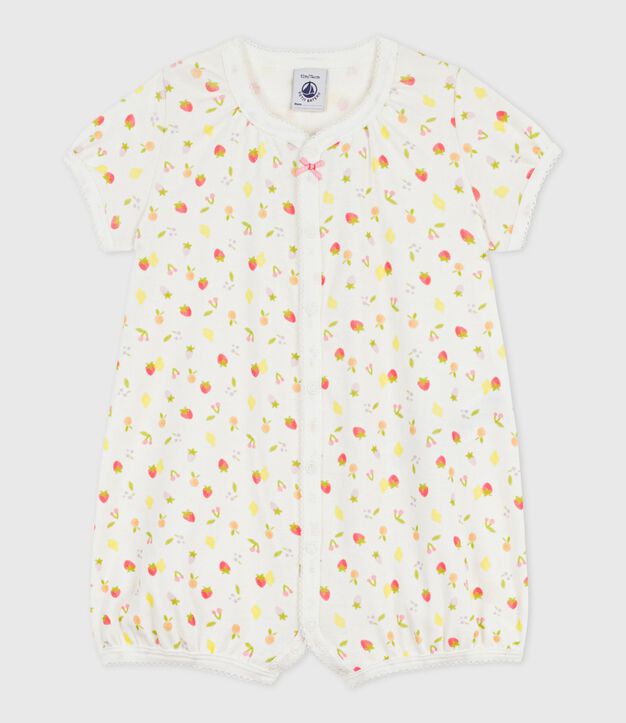 Tutina corta in cotone con frutti stampati neonato bianco/rosa