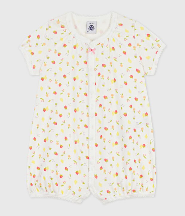Tutina corta in cotone con frutti stampati neonato bianco/rosa