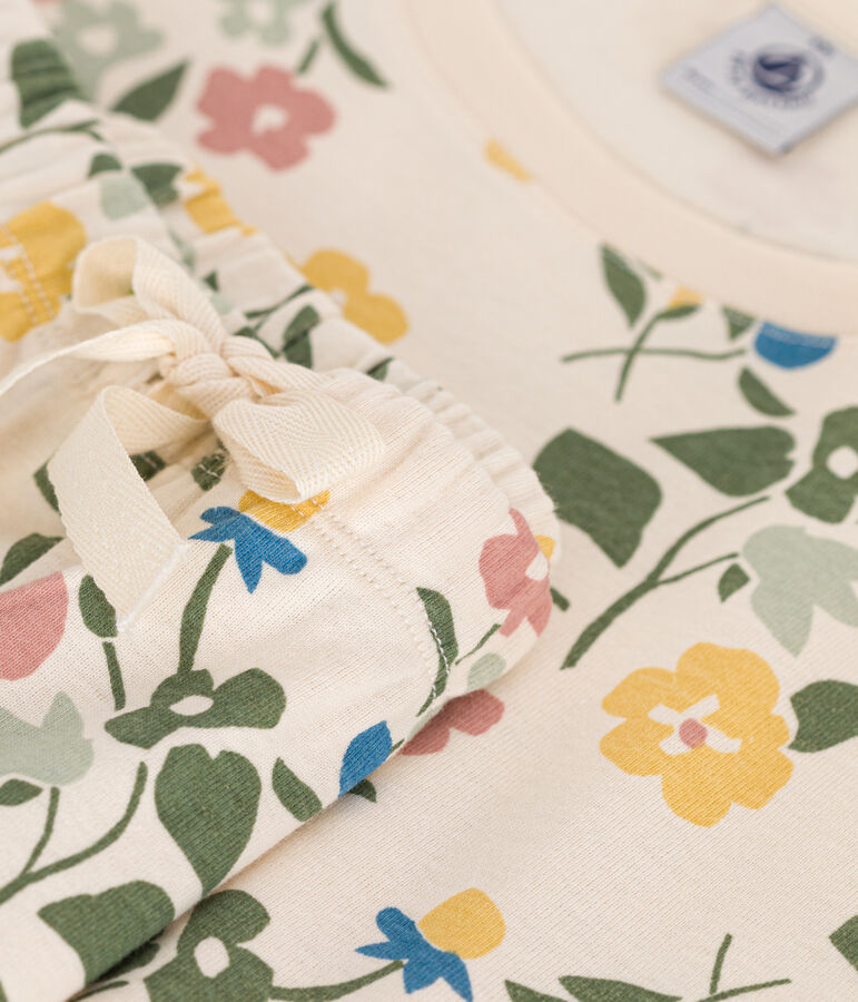 Pigiama donna con pantaloncini e t-shirt in cotone con motivo floreale ecru/multicolore