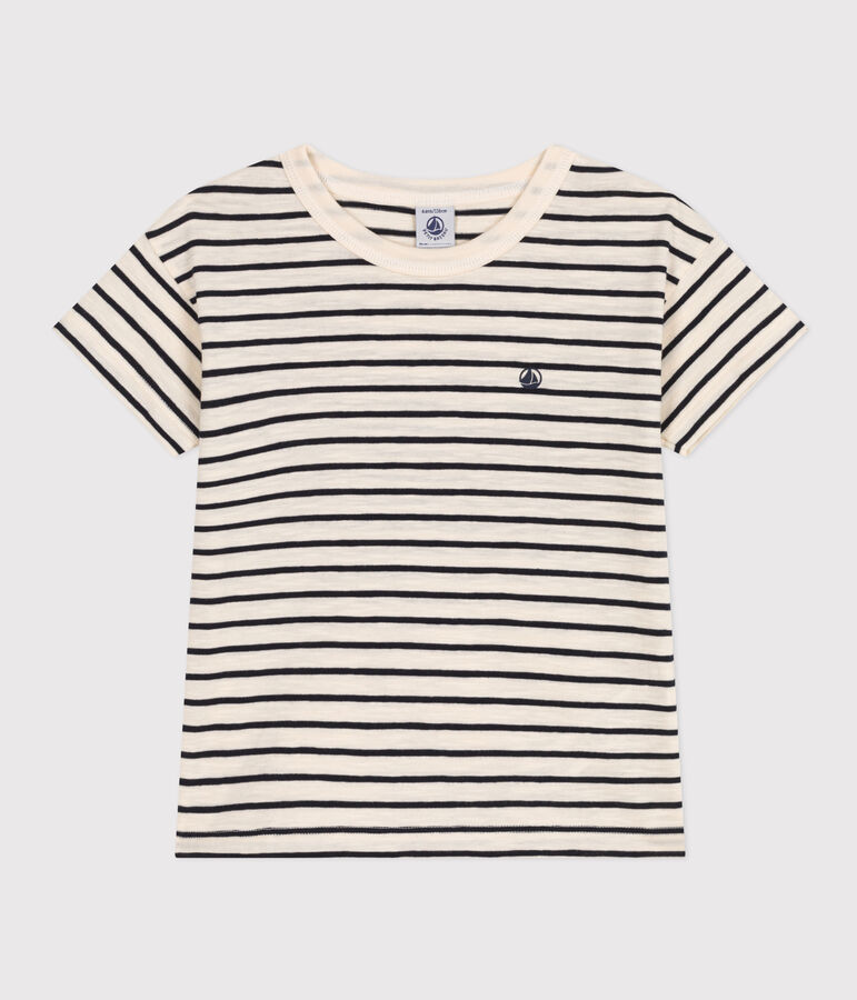 T-shirt rigata in jersey fiammato bambino ecru/blu