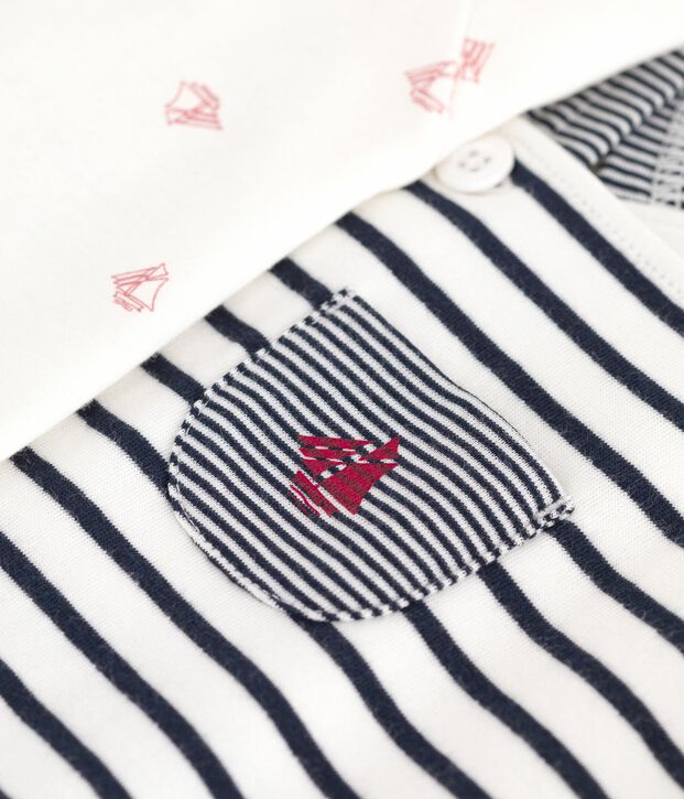 Set composto da salopette a righe marini&egrave;re e body con stampa neonato bianco/blu