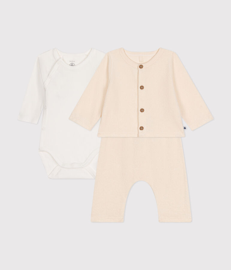 Completo 3 pezzi beb&egrave; in spugna bouclette beb&egrave; ecru