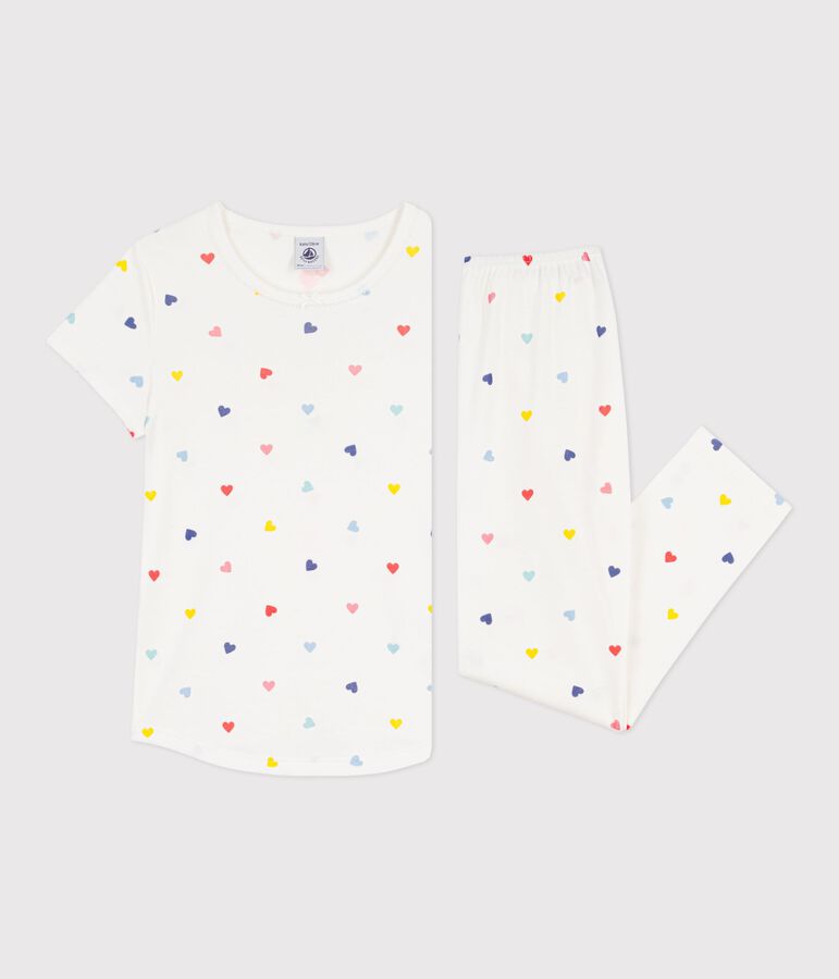 Pigiama a maniche corte e gamba lunga in cotone a cuori bambino bianco MARSHMALLOW/bianco MULTICO