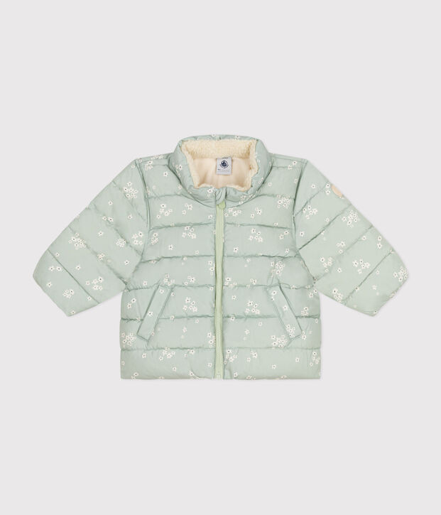 Piumino con cappuccio ritraibile e stampa neonato verde/multicolore