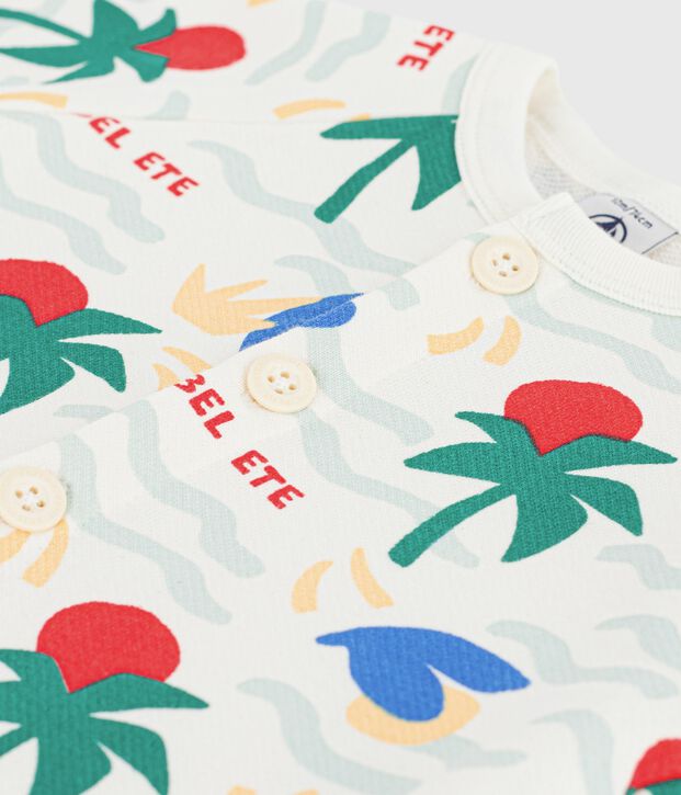 Tutina corta in cotone stampato neonato ecru/multicolore