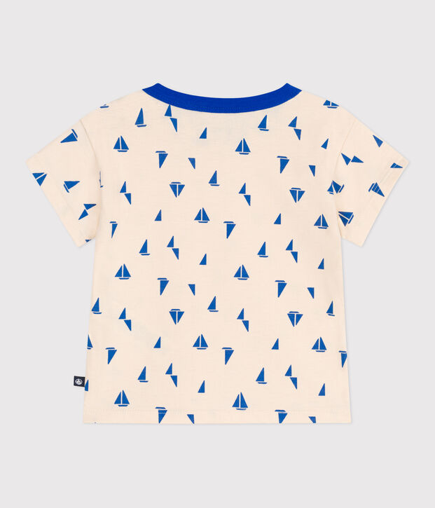 T-shirt a maniche corte in cotone con barche stampate neonato ecru/blu