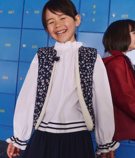 Gilet senza maniche in popeline di cotone e sherpa con stampa bambina blu SOIR/ MULTICO