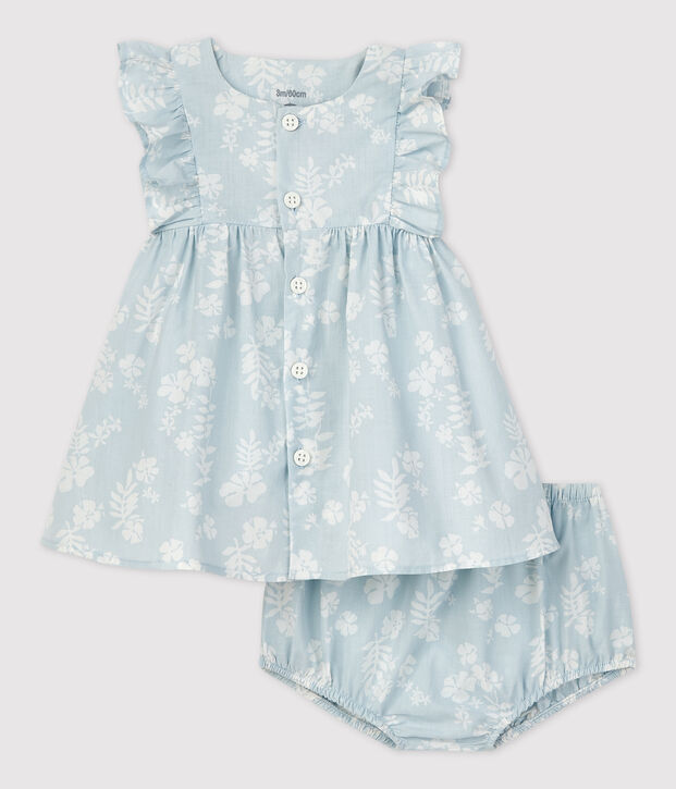 Abito beb&egrave; con bloomer fantasia hawaiana in popeline biologico blu/bianco