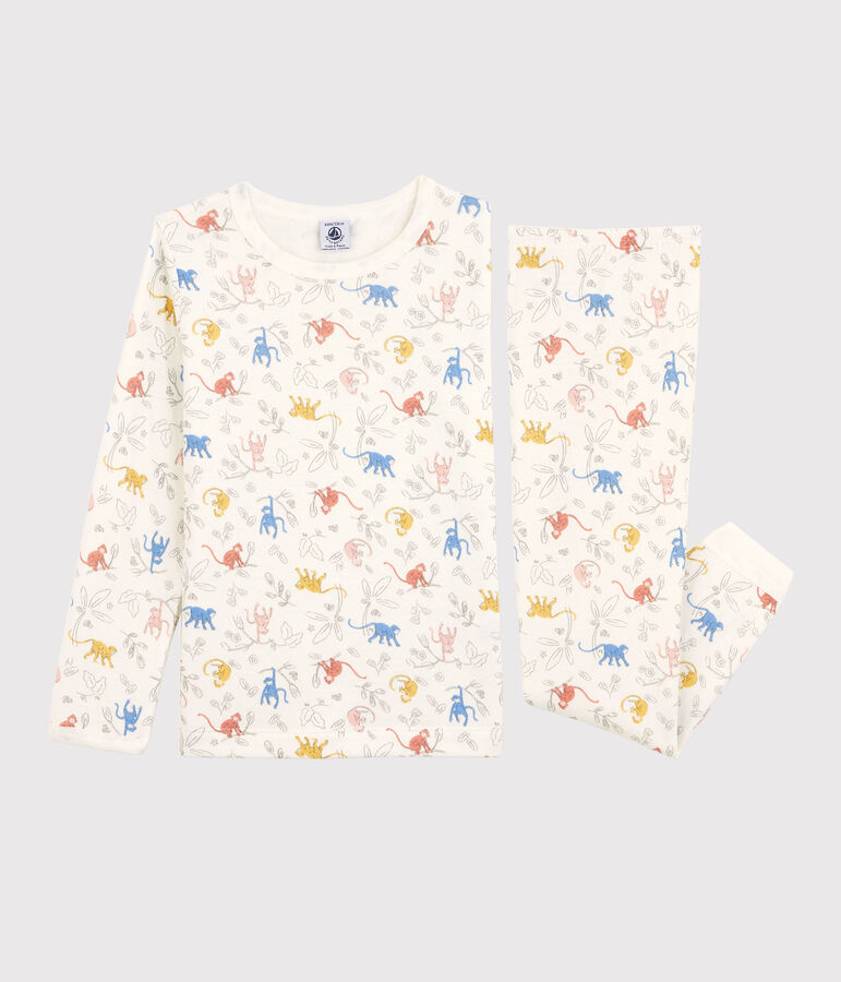 Pigiama con fantasia scimmiette multicolori bambina/bambino in cotone biologico bianco/multicolore