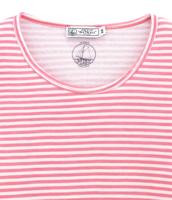 tee-shirt donna maniche lunghe in lana e cotone rosa CHEEK/bianco MARSHMALLOW