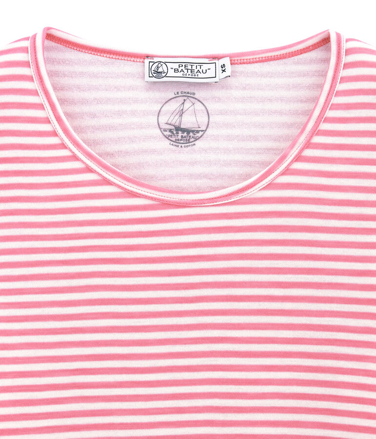 tee-shirt donna maniche lunghe in lana e cotone rosa/bianco