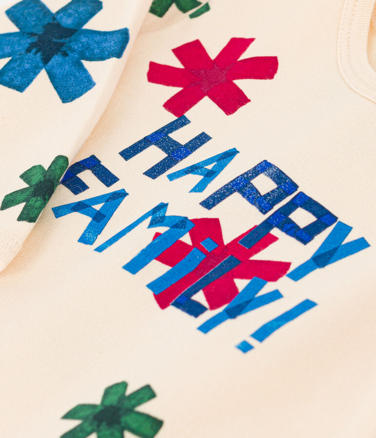 Pigiama beb&egrave; happy family in tessuto felpato ecru/multicolore