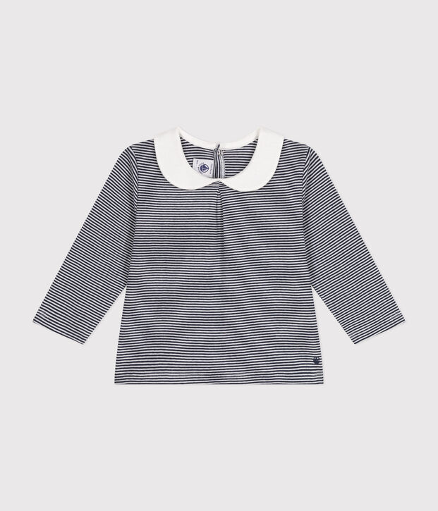 Blusa beb&egrave; in cotone con colletto blu/bianco