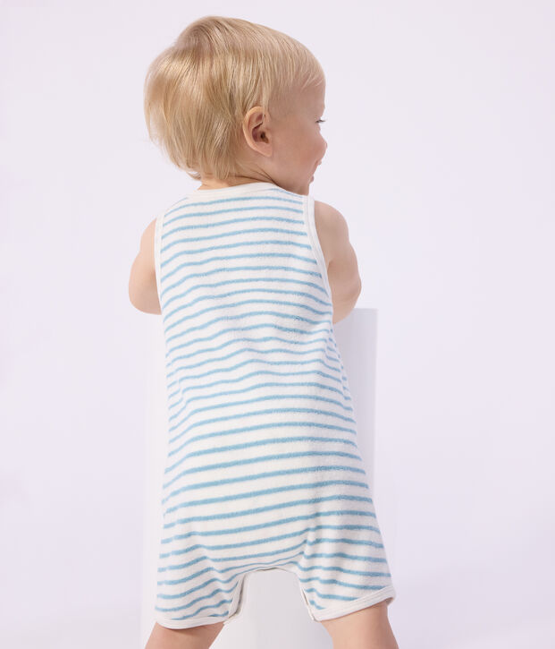 Tutina corta senza maniche in spugna di cotone boucl&eacute; a righe neonato bianco/blu