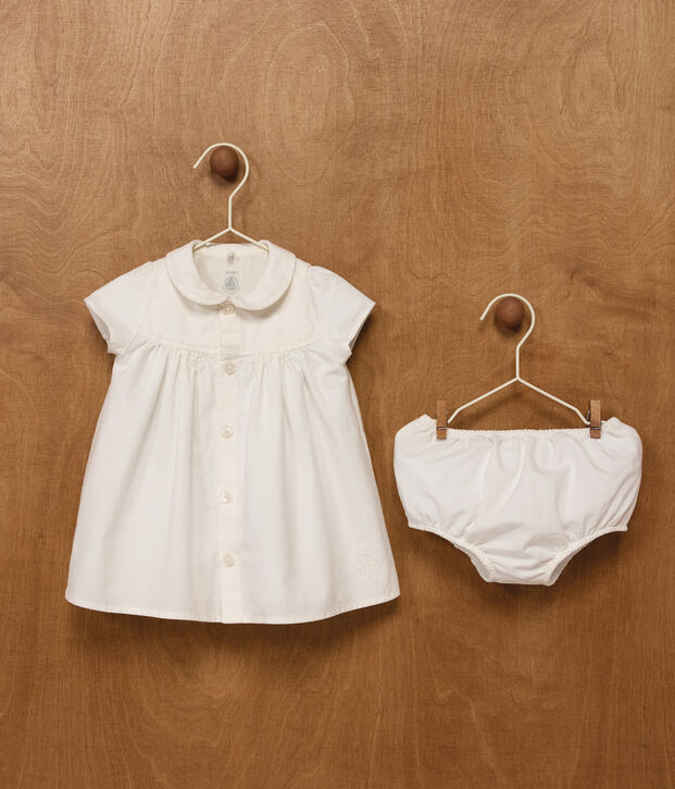 Abito in misto cotone/lino neonata con bloomer abbinato con ricamo decorativo bianco