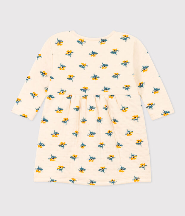 Abito a maniche lunghe in tubique trapuntato con stampa per beb&egrave; ecru/multicolore