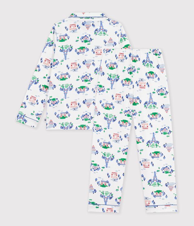 Pigiama bambino in cotone con bottoni e stampa Parigi bianco/multicolore