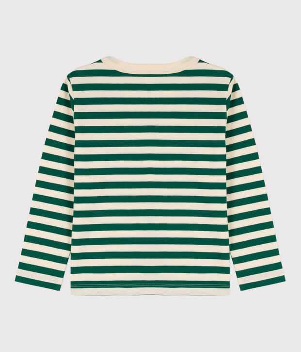 T-shirt bambino a maniche lunghe in cotone verde/ecru