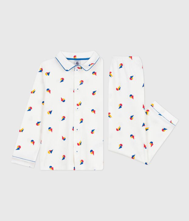 Pigiama bambino in cotone con bottoni e stampa bianco/blu/multicolore