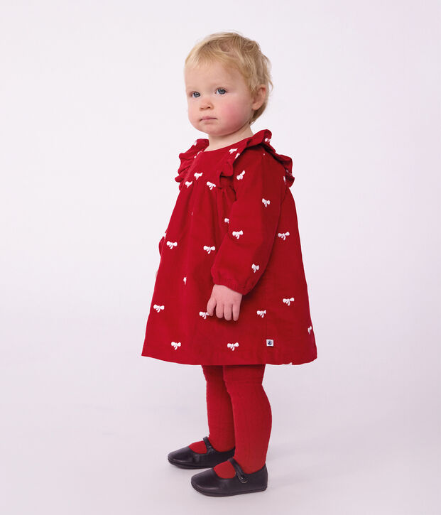 Abito a maniche lunghe in velluto con fiocchetti ricamati neonata rosso/ecru