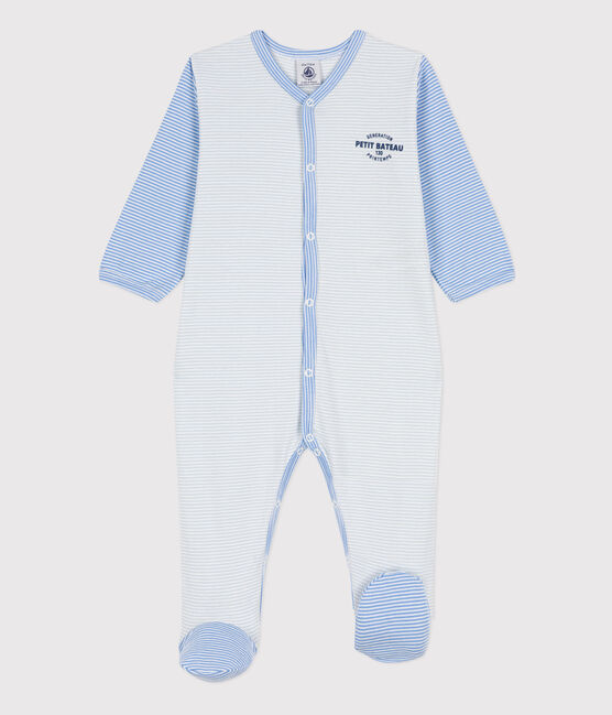 Tutina pigiama millerighe in cotone blu PERSE/bianco MARSHMALLOW