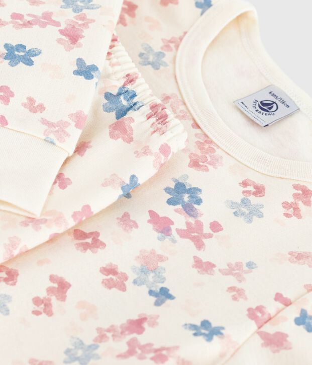 Pigiama bambino in tessuto felpato con stampa a fiori ecru/multicolore