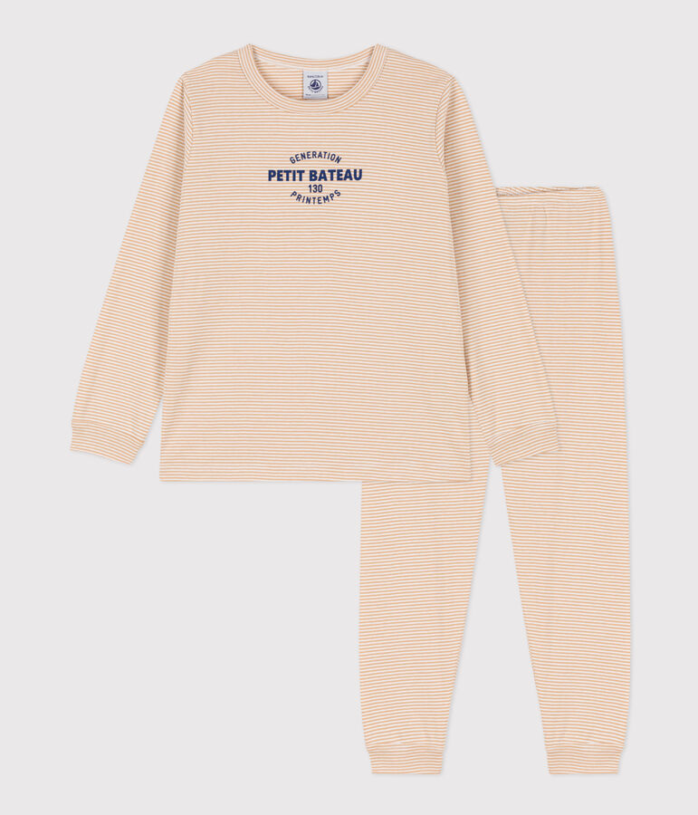 Pigiama a righe bambino unisex in cotone beige/bianco