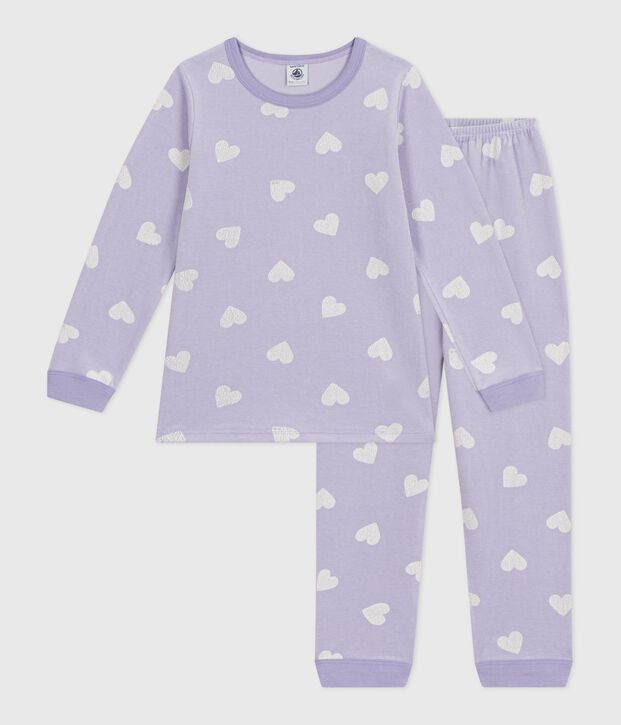 Pigiama in ciniglia con stampa a cuori bambina viola/bianco