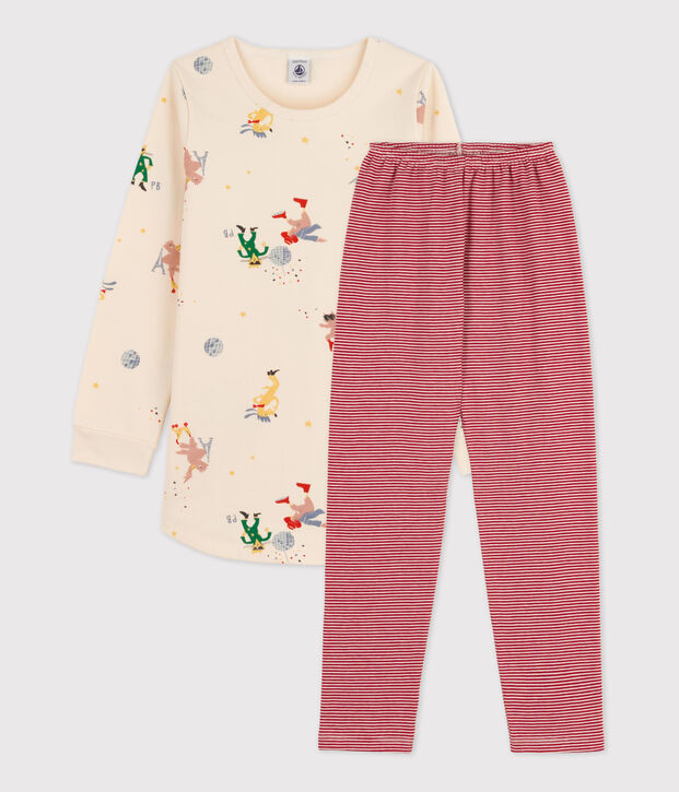 Camicia da notte fosforescente bambina in tessuto felpato di cotone ecru/multicolore