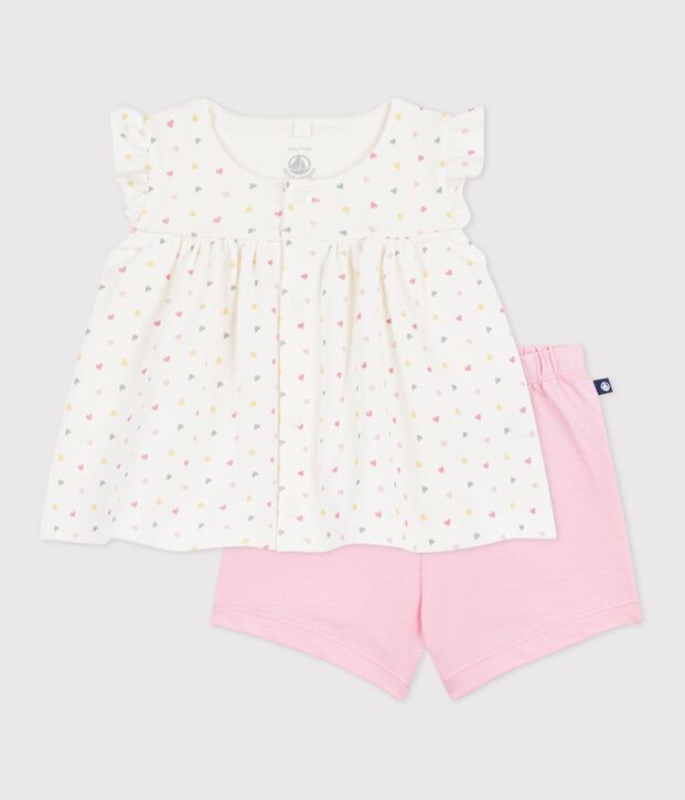 Set 2 pezzi in cotone stampato a cuoricini neonata bianco/multicolore