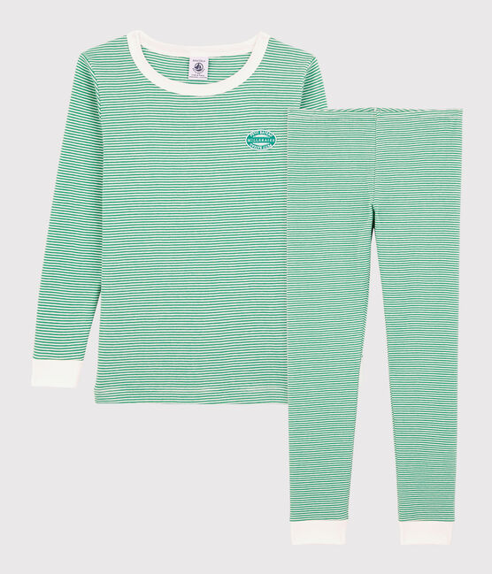 Pigiama bambino snugfit a righe verdi in cotone biologico verde GAZON/bianco MARSHMALLOW