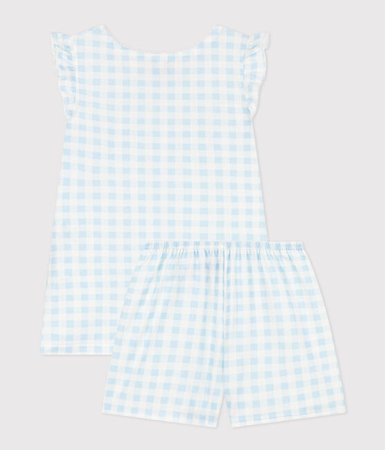 Pigiama corto bambina in cotone sottile fantasia vichy blu MARSHMALLOW/bianco GOMME