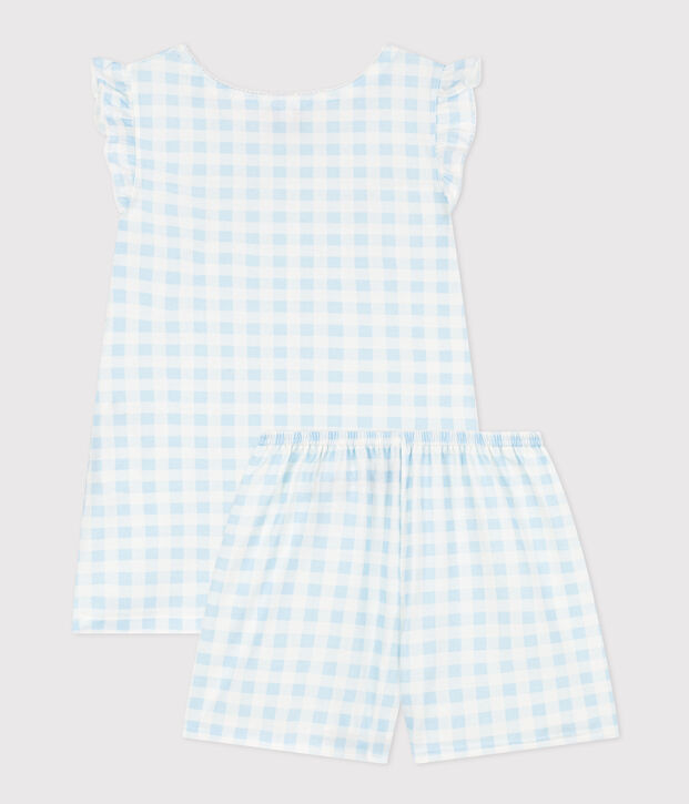 Pigiama corto bambina in cotone sottile fantasia vichy bianco/blu