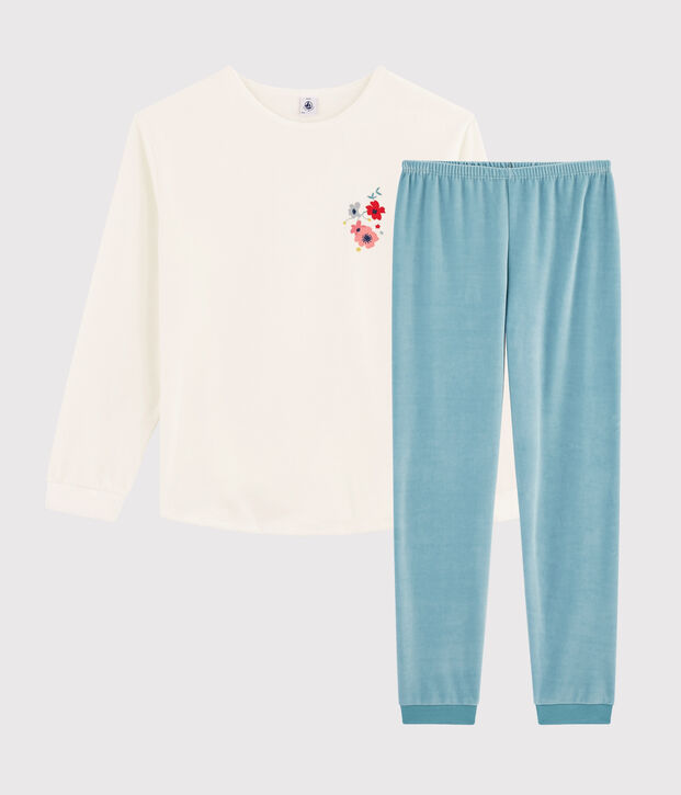 Pigiama ragazza in ciniglia bianco/blu
