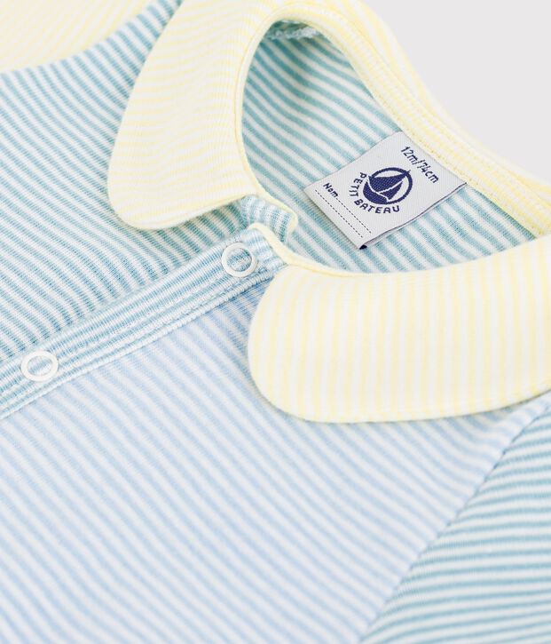 Tutina corta con colletto in cotone neonato verde/bianco