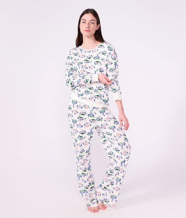 Pigiama in cotone stampato Parigi donna bianco/multicolore