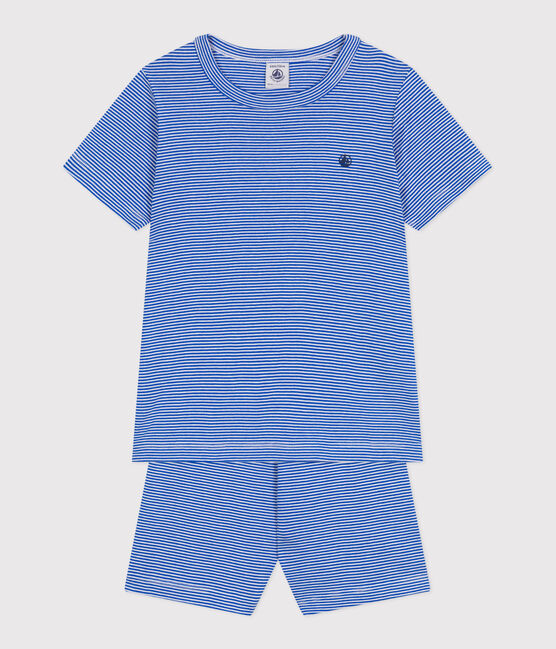 Pigiama corto in cotone a righe bambino blu PERSE/bianco MARSHMALLOW