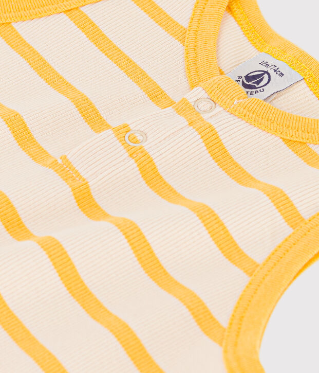 Tuta corta beb&egrave; in maglia a costine a righe ecru/giallo