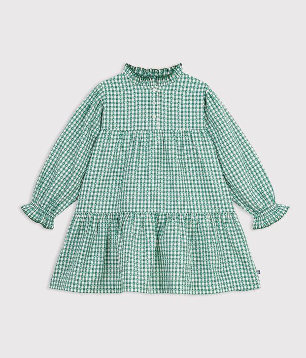 Abito a maniche lunghe in popeline a quadretti vichy bambina verde/bianco