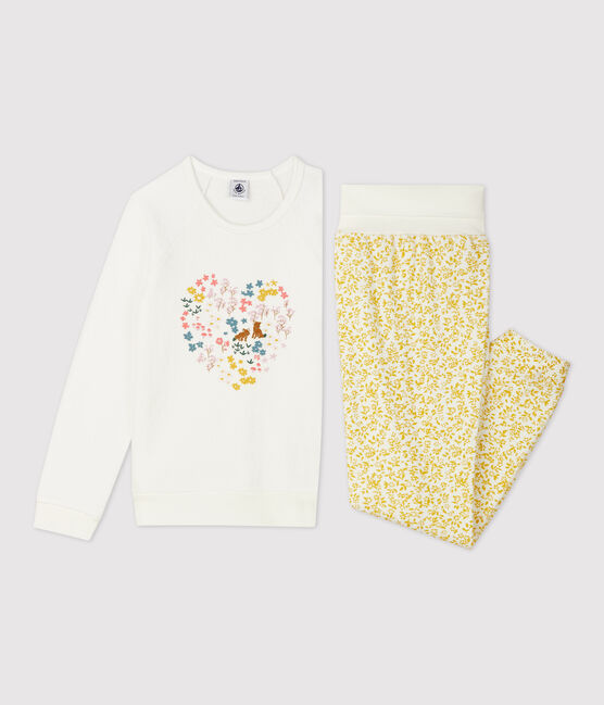 Pigiama bambina a fiori in spugna bouclette grattata giallo OCRE/bianco MARSHMALLOW