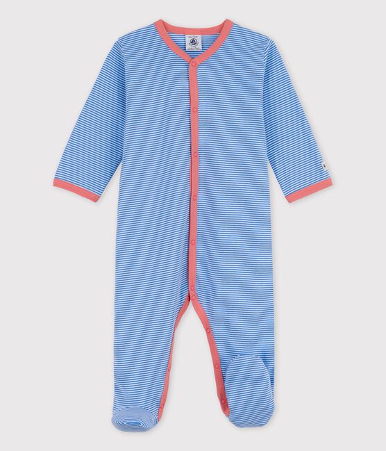 Tutina pigiama bebè a righe in cotone biologico blu BRASIER/grigio MARSHMALLOW